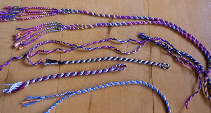 Finger loop braids: 8, 6, and 4-loop spiral braids, plus 2-loop braids and fringe (cotton, rayon, silk)