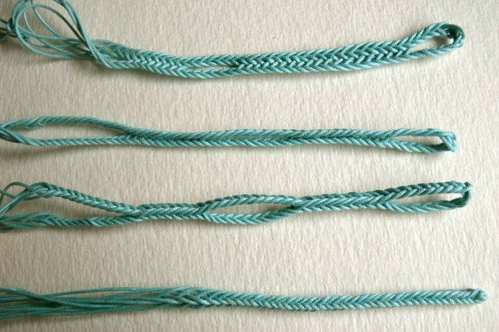 5-loop braid samples: flat, divided, square (waxed cotton cord) 5-loop fingerloop braids, waxed cotton cord
