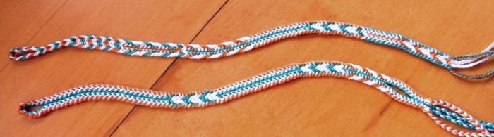2 loop braid pattern samplers of color linking. Loop manipulation/ fingerloop braiding. 7-loop flat braids
