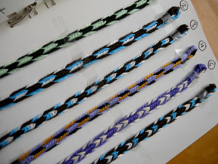 Triangle braid patterns, finger loop braiding, Ingrid Crickmore