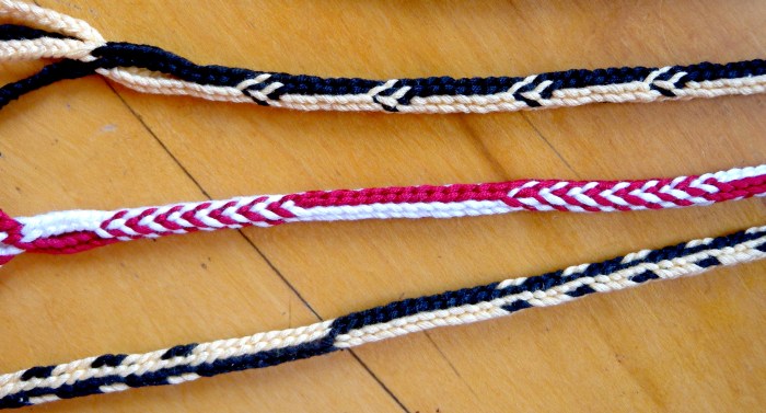 Doug's Braid - a 7-loop round 'spanish'-type loop braid, here shown with 3 different pick-up patterns