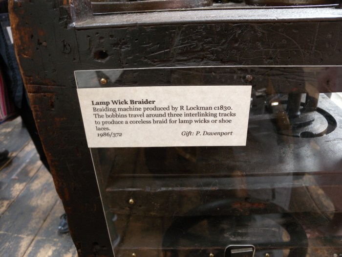 Antique / early braiding machine, produced by R. Lockman circa 1830, housed at Paradise Mills, Macclesfield, England, hand crank 5-strand braider for lamp wicks and shoelaces. Photo by Ingrid Crickmore © 2012 Ingrid Crickmore, loopbraider.com