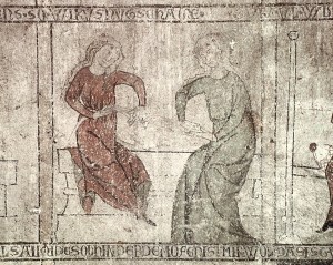 Loop braiding depicted in Mural from the Haus zur Kunkel, House of Distaff, Kanonikerhaus, in Constance, Germany, c. 1320