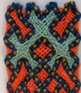 Andean / Paracas/ Nazca type flat braid made with hand-held loop braiding. 2-layer plain weave and countered twining. by Ingrid Crickmore / loopbraider.com