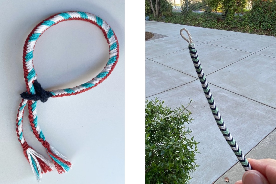 Left: 6-loop square braid bracelet, braided around cotton cord. Right: 6-loop square braid cotton bracelet, braided around silk cord.
