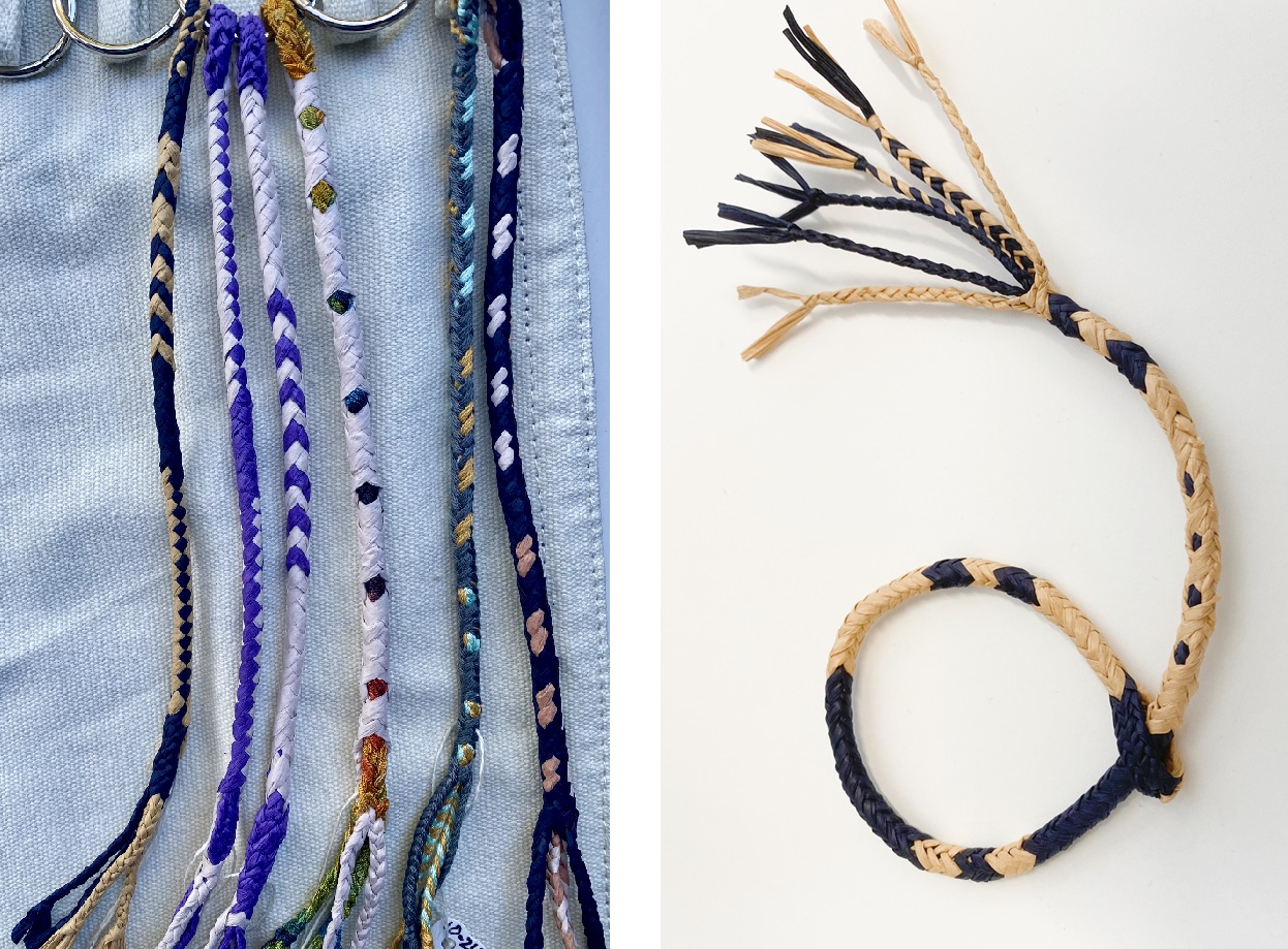 Left: Four 6-loop double-tubular braids, two 8-loop double-tubular braids. Right: 10-loop double-tubular braid. All made with paper yarn 